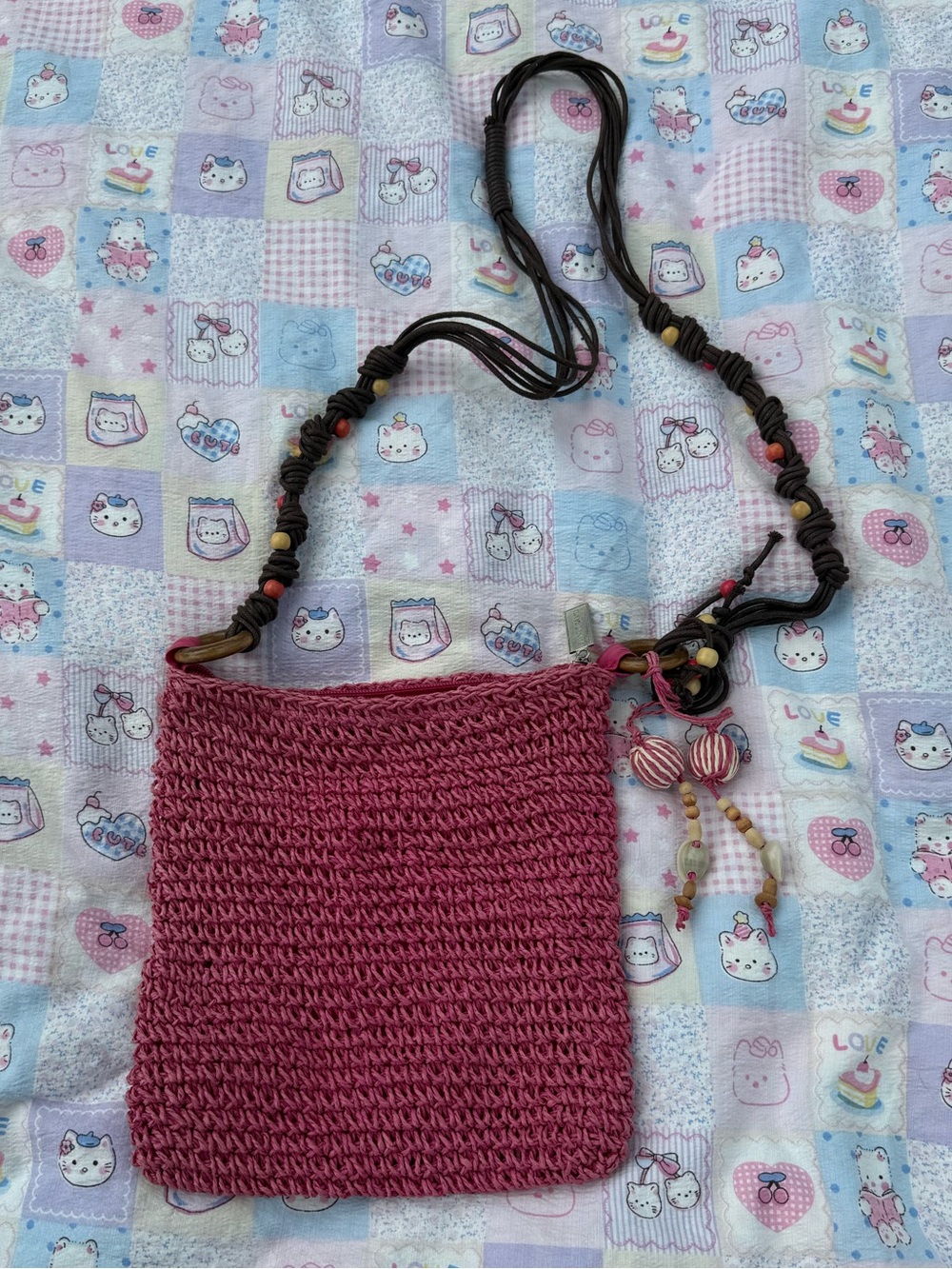 Sun ‘N’ Sand Pink Crochet Crossbody Bag with Beaded Strap